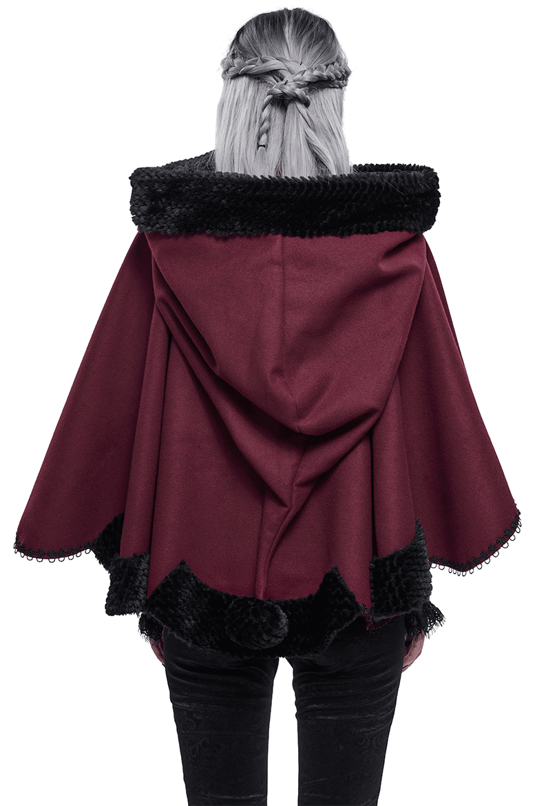 Red Gothic Short Hooded Cloak / Female Loose Cape with Black Fur and Cute Balls - HARD'N'HEAVY