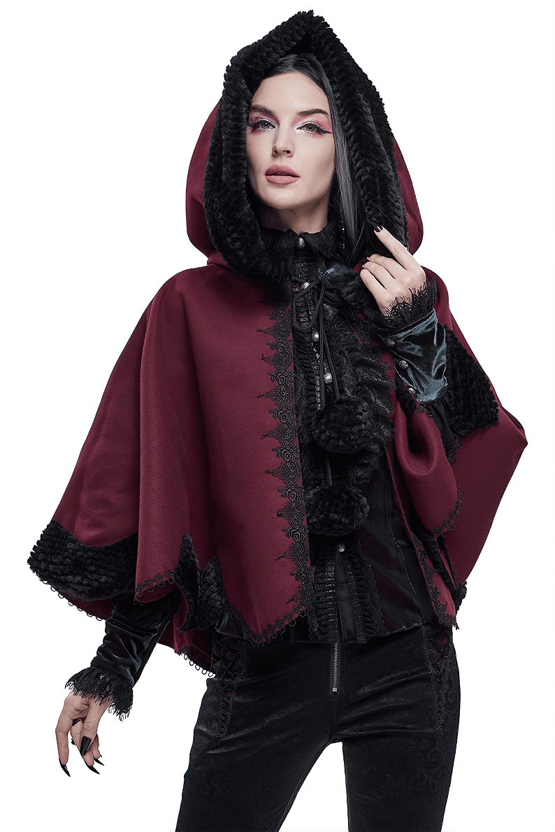 Red Gothic short hooded cloak for women featuring black pompons and vintage design, perfect for gothic style wardrobes.