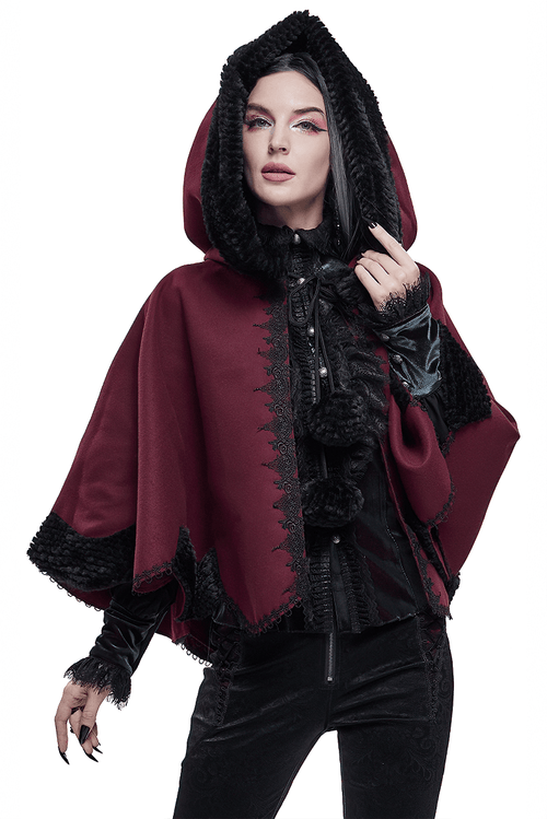 Cape à capuche courte gothique rouge / Cape ample femme avec fourrure noire et boules mignonnes