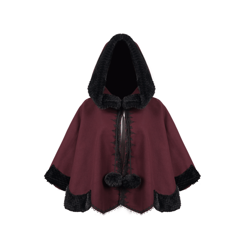Red Gothic short hooded cloak with black fur and pompons, a stylish women's loose cape for gothic fashion.