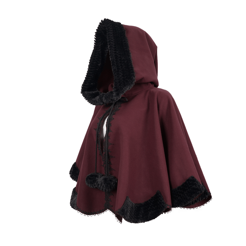 Red gothic short hooded cloak with black fur trim and cute pompons, perfect for a stylish women's outfit.
