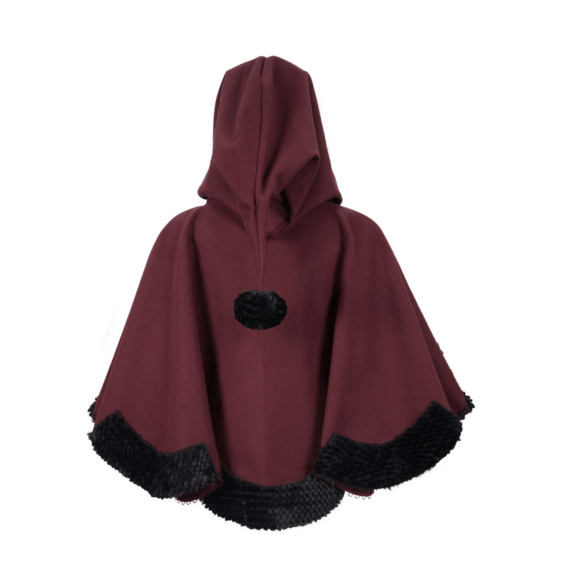 Red gothic hooded cloak from the back, featuring black fur trim and pompons, perfect for stylish women's wardrobes.