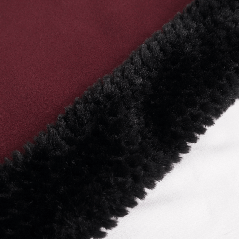 Close-up of the soft black fur trim on a red gothic hooded cape, highlighting its stylish texture and vintage design.