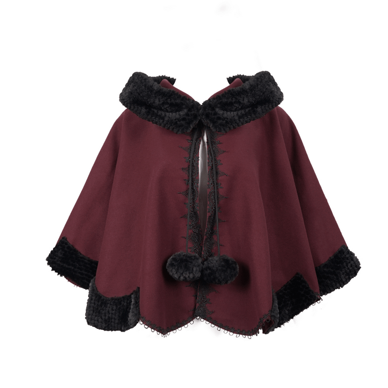 Red gothic short hooded cloak with black fur trim and pompons for a stylish seasonal look.