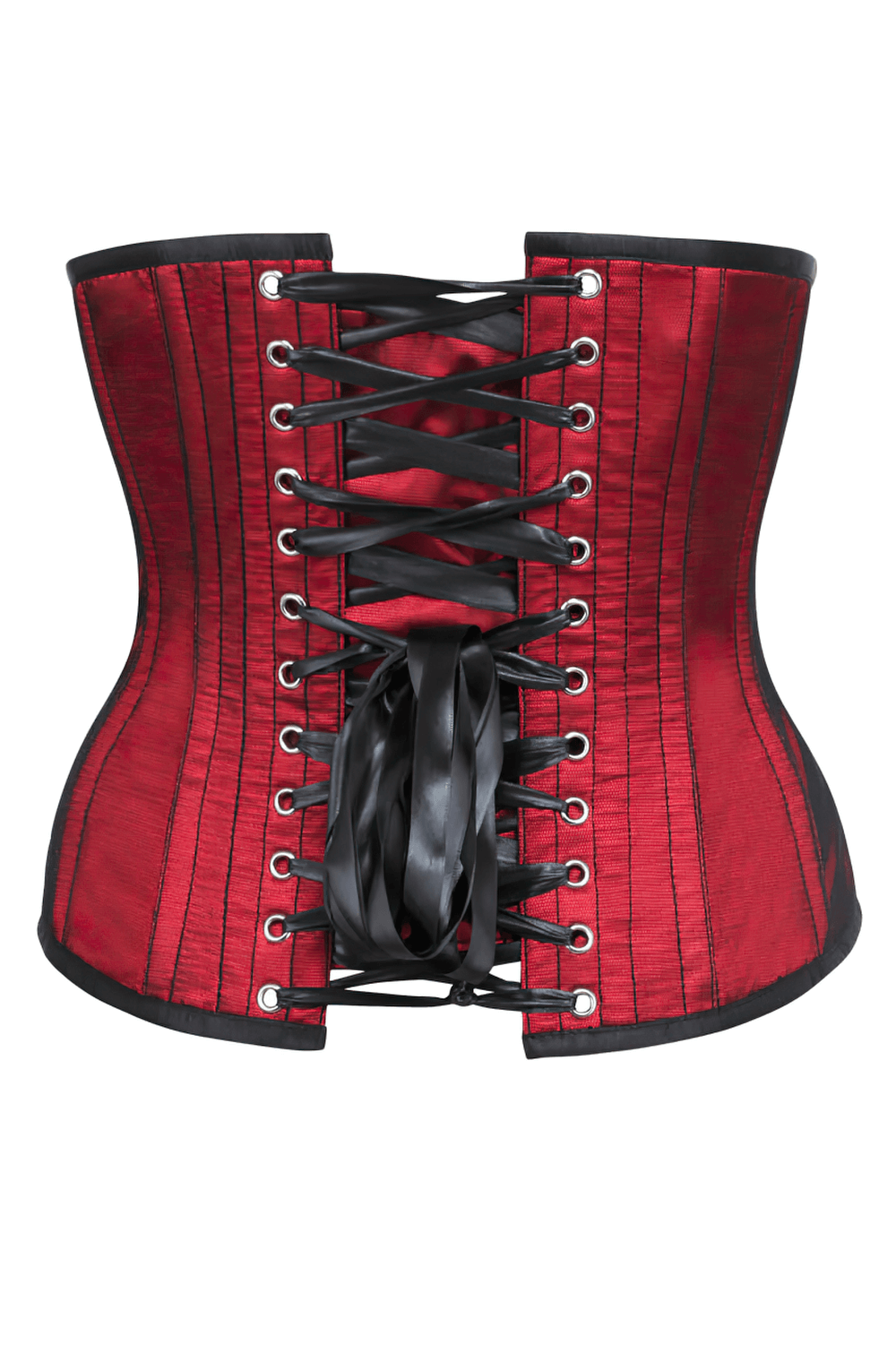 Alt Tag: Red Gothic Underbust Lace Overlay Couture Corset in red satin with black lace-up front and grommets, underbust waist cincher