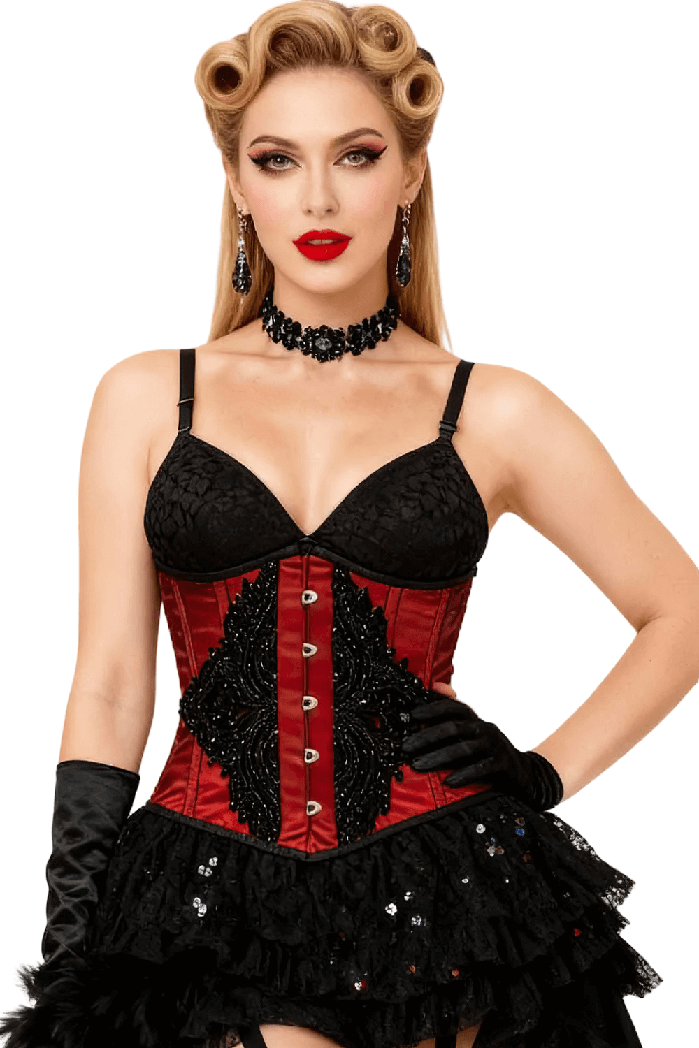 Red Gothic Underbust Lace Overlay Couture Corset on model, red satin underbust corset with black lace overlay and burlesque tutu
