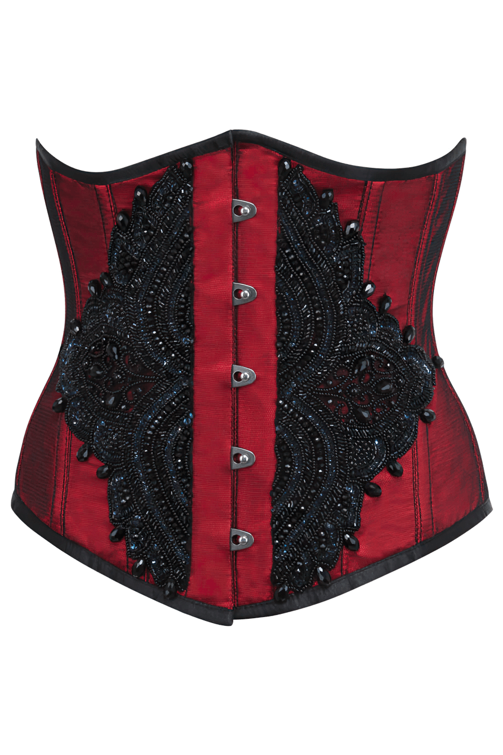 Alt Tag: Red Gothic Underbust Lace Overlay Couture Corset in deep red with black lace overlay and front hook closures