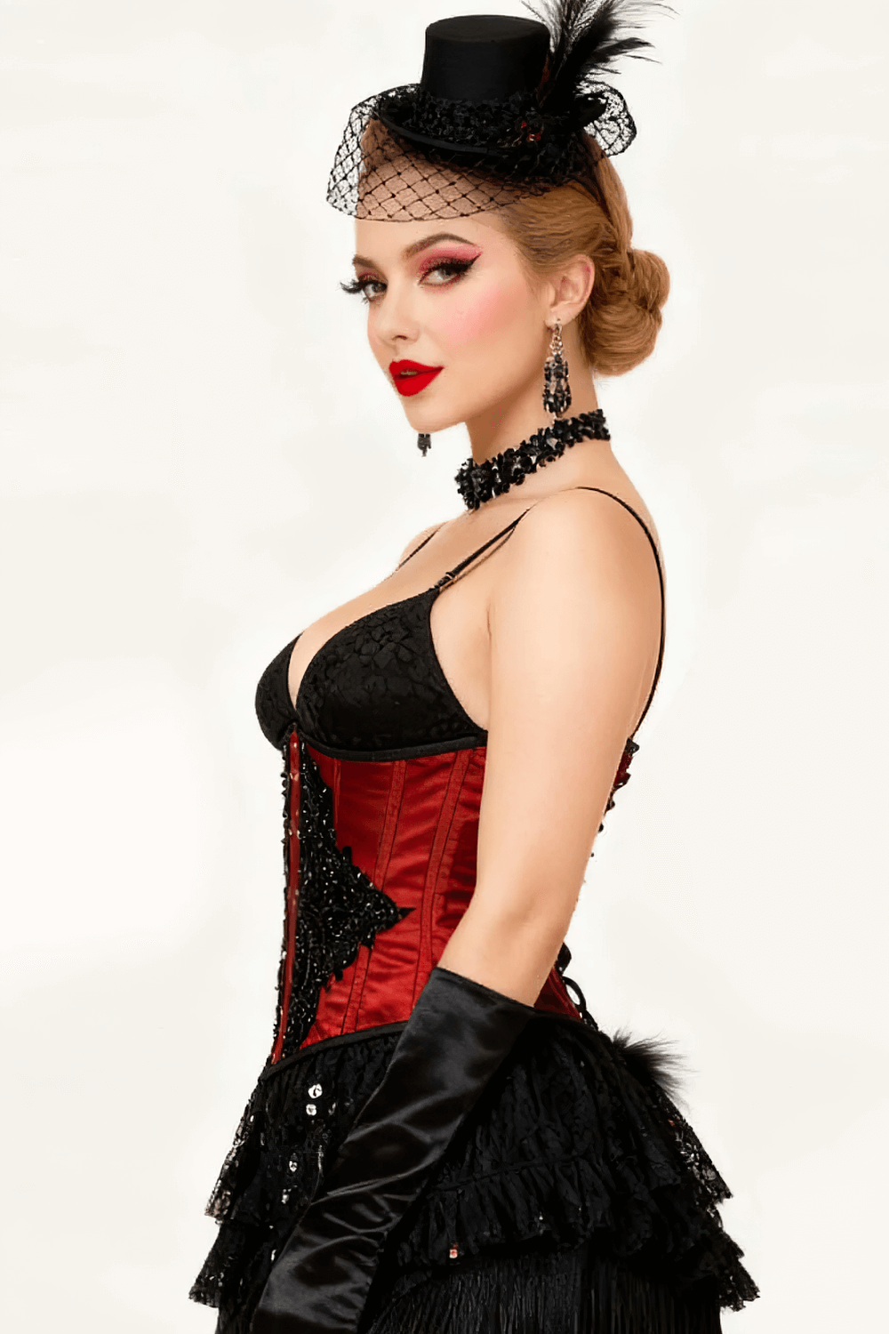 Alt Tag: Red Gothic Underbust Lace Overlay Couture Corset on model in red-black lace corset with top hat, veil, gloves, and dramatic makeup