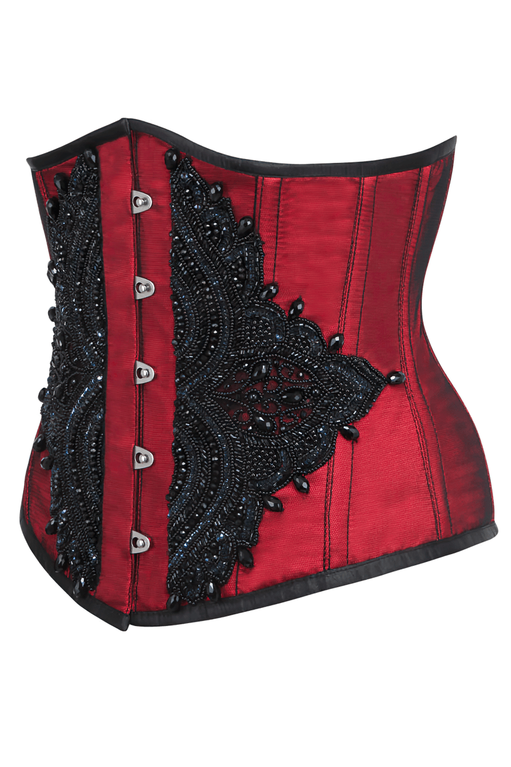 Alt Tag: Red Gothic Underbust Lace Overlay Couture Corset in red satin with black lace overlay and front busk closure