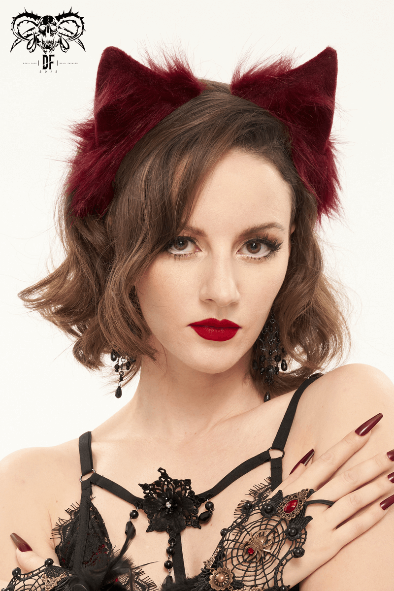 Trendy red faux fur cat ear headdress for women, add gothic flair to your outfits with this stylish accessory.