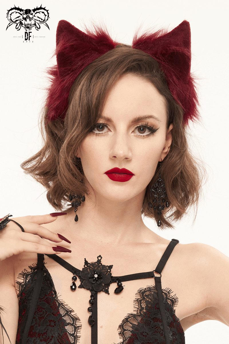 Stylish red faux fur cat ears headdress for women, adding a gothic flair to any outfit.