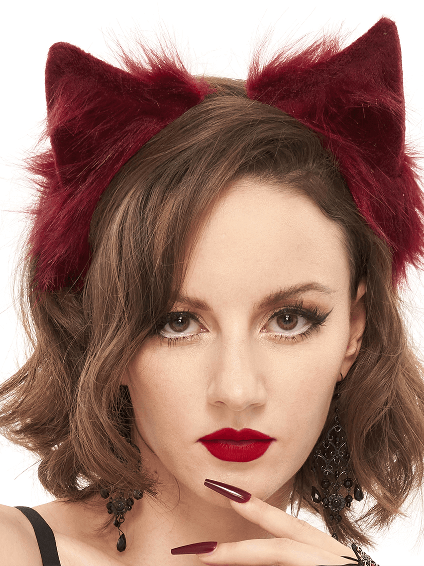 Fashionable red faux fur cat ears headband for women, perfect gothic accessory to elevate any outfit.