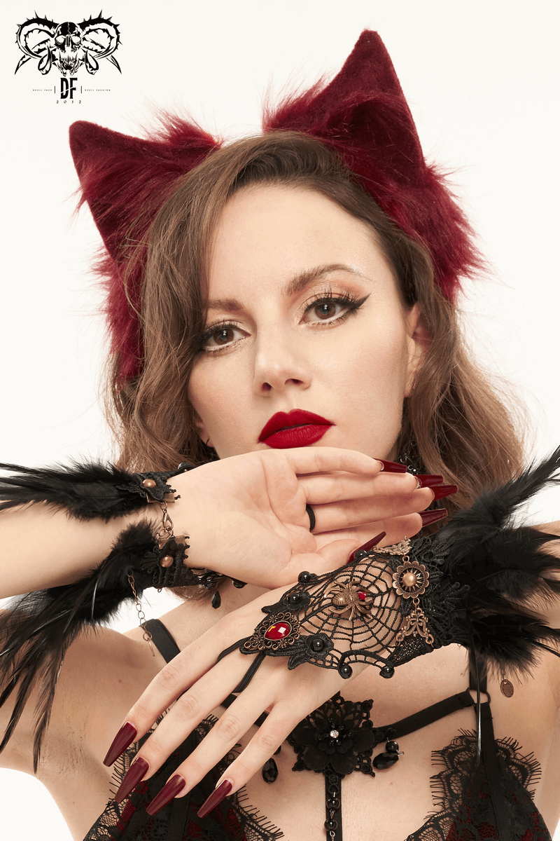 Gothic red faux fur cat ear headdress worn by a stylish model, showcasing trendy women's accessories.