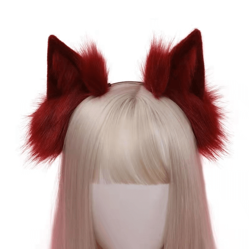 Trendy red faux fur cat ears headdress for women, perfect gothic accessory to elevate your look.