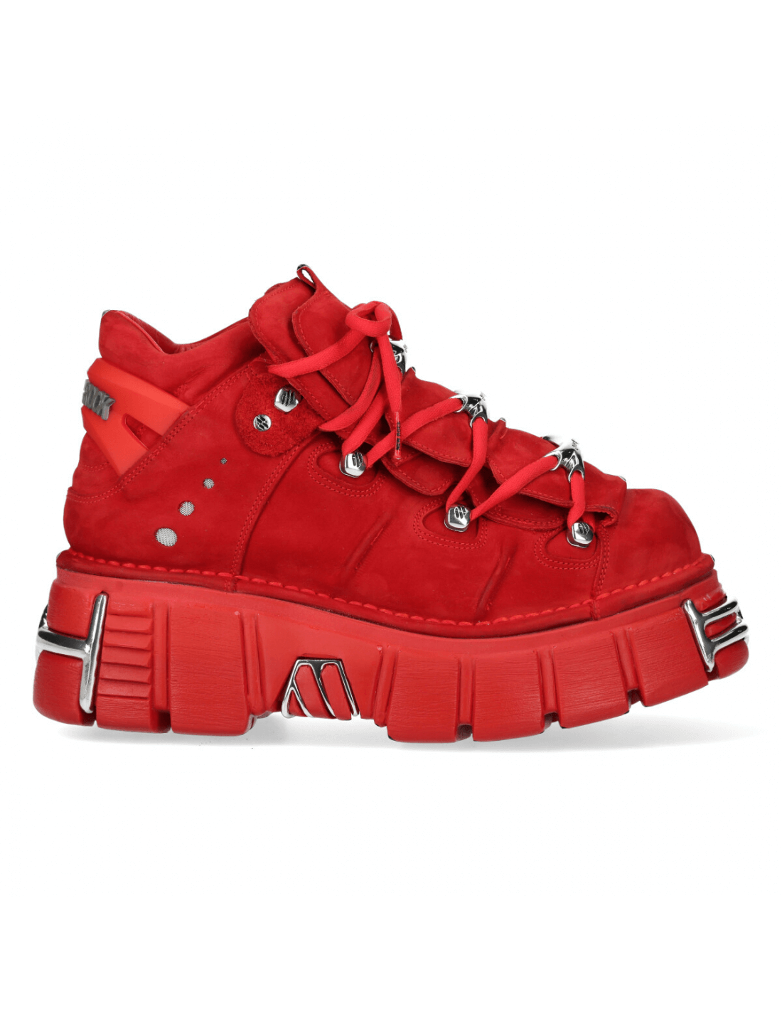 NEW ROCK red nubuck ankle boots with metal accents, lace-up style, featuring a durable PU-ultra sole and bold platform.