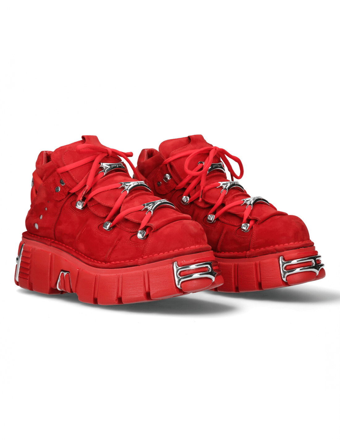 NEW ROCK red nubuck ankle boots with metal accents and bold platform, perfect for rock-inspired outfits.