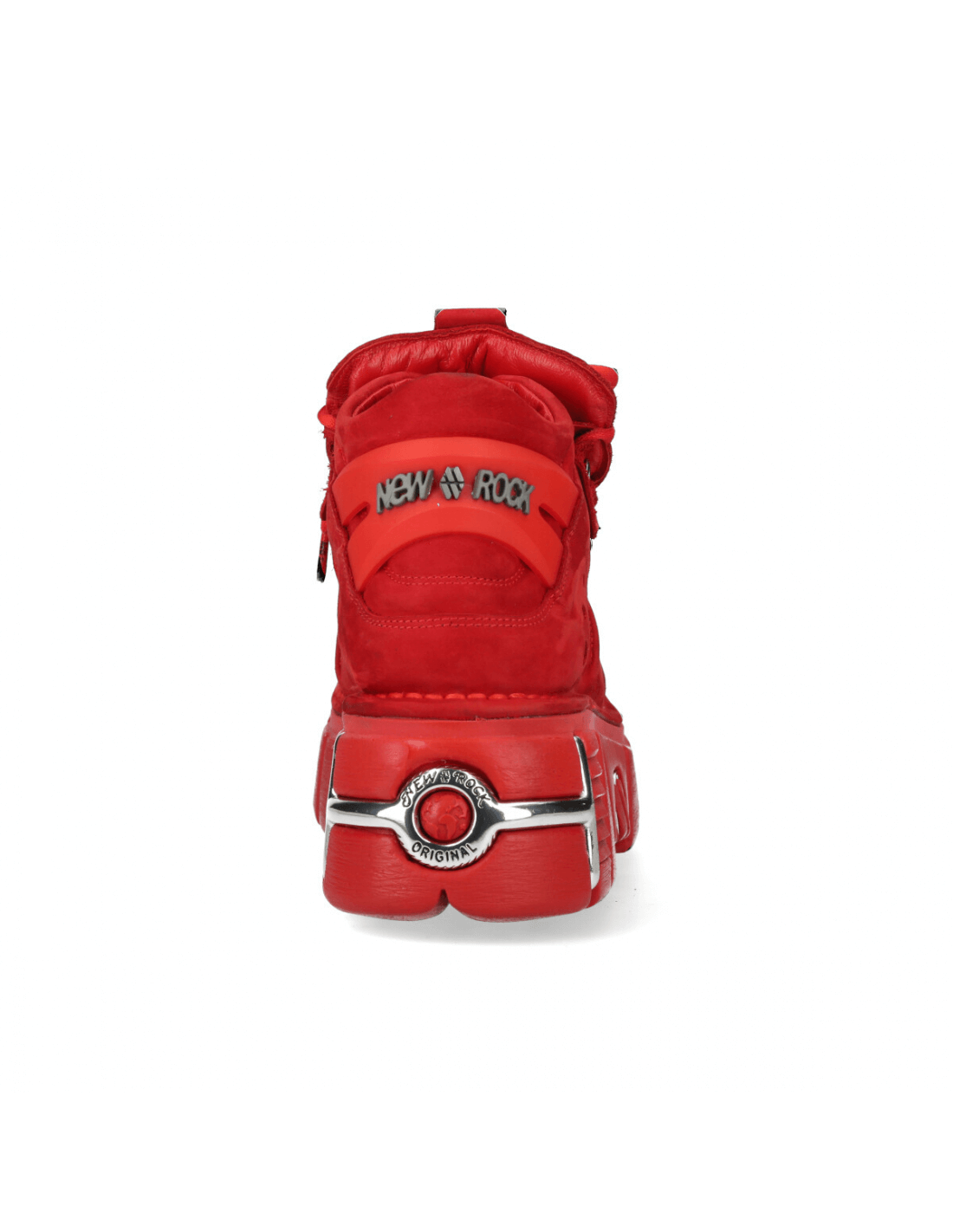 NEW ROCK Men's red nubuck ankle boots with striking metal accents from the back view.