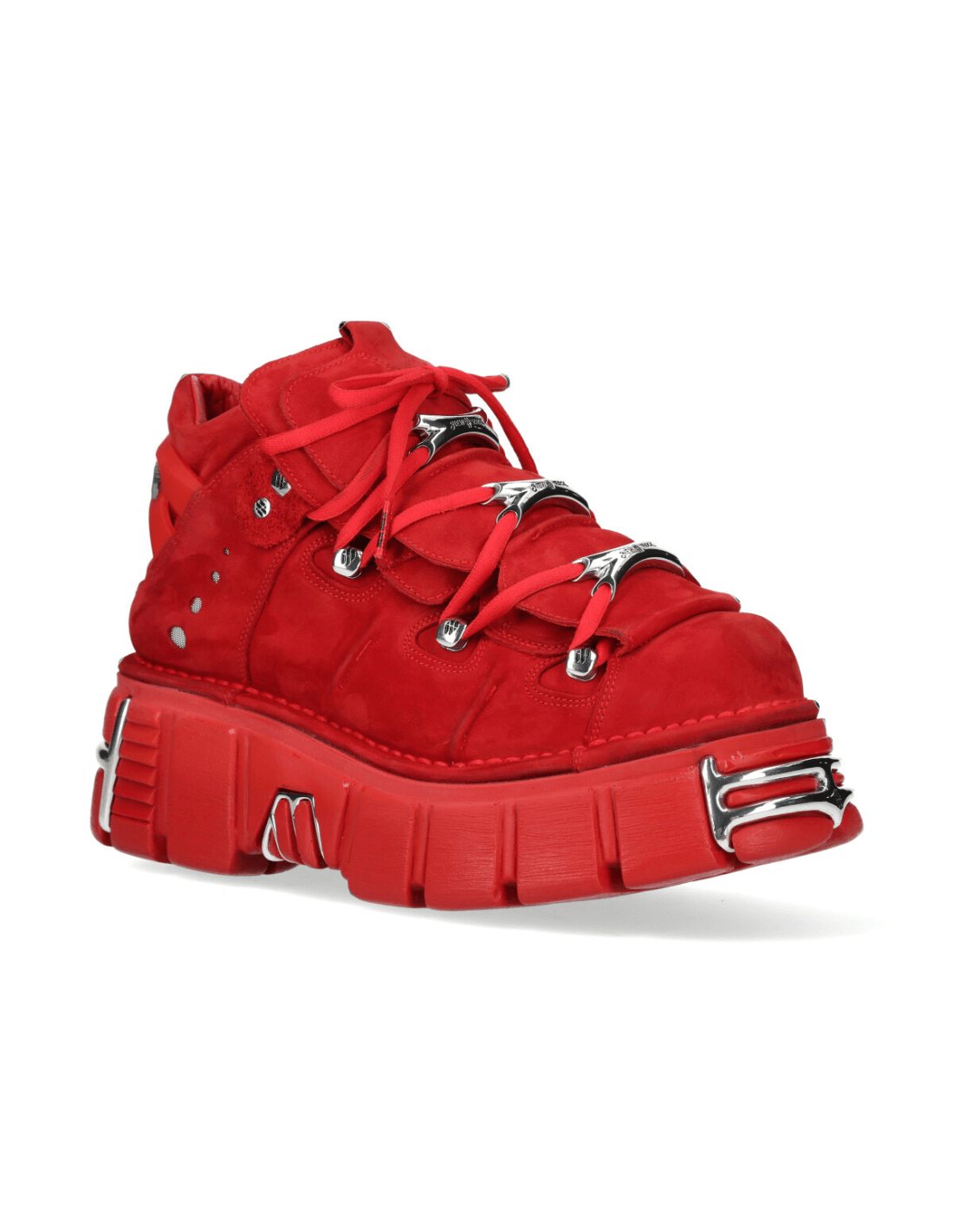 NEW ROCK men's red nubuck ankle boots with metal accents, lace-up design, bold 6 cm platform for a striking rock-inspired look.