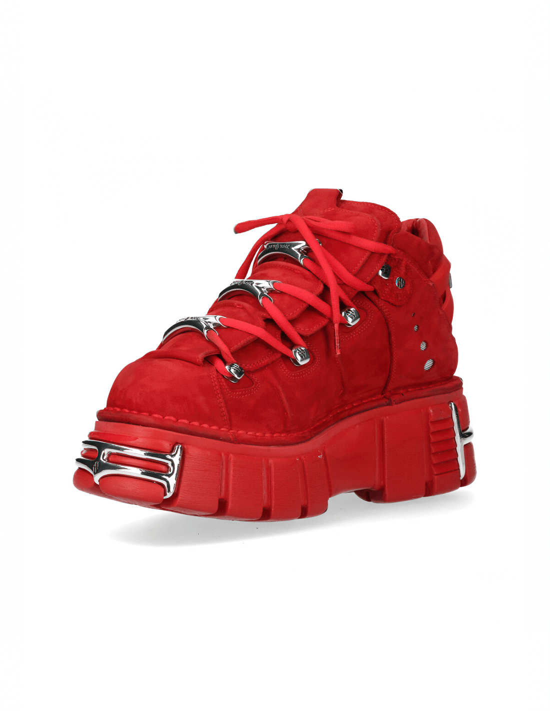 NEW ROCK red nubuck ankle boots with metal accents and thick platform for a bold, rock-inspired look.
