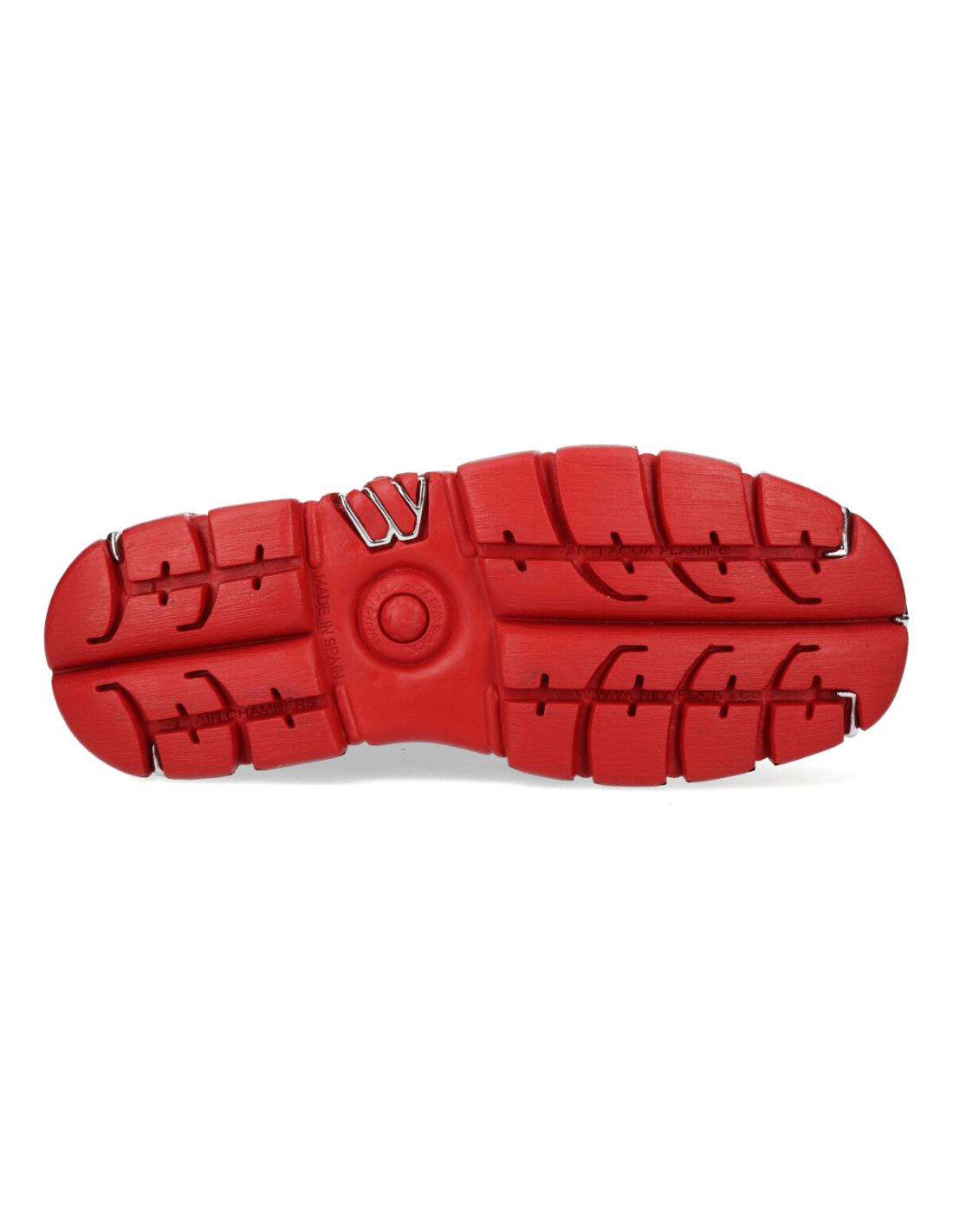 Bottom view of NEW ROCK Men's red nubuck ankle boots showcasing the durable PU-ultra sole and bold tread design.
