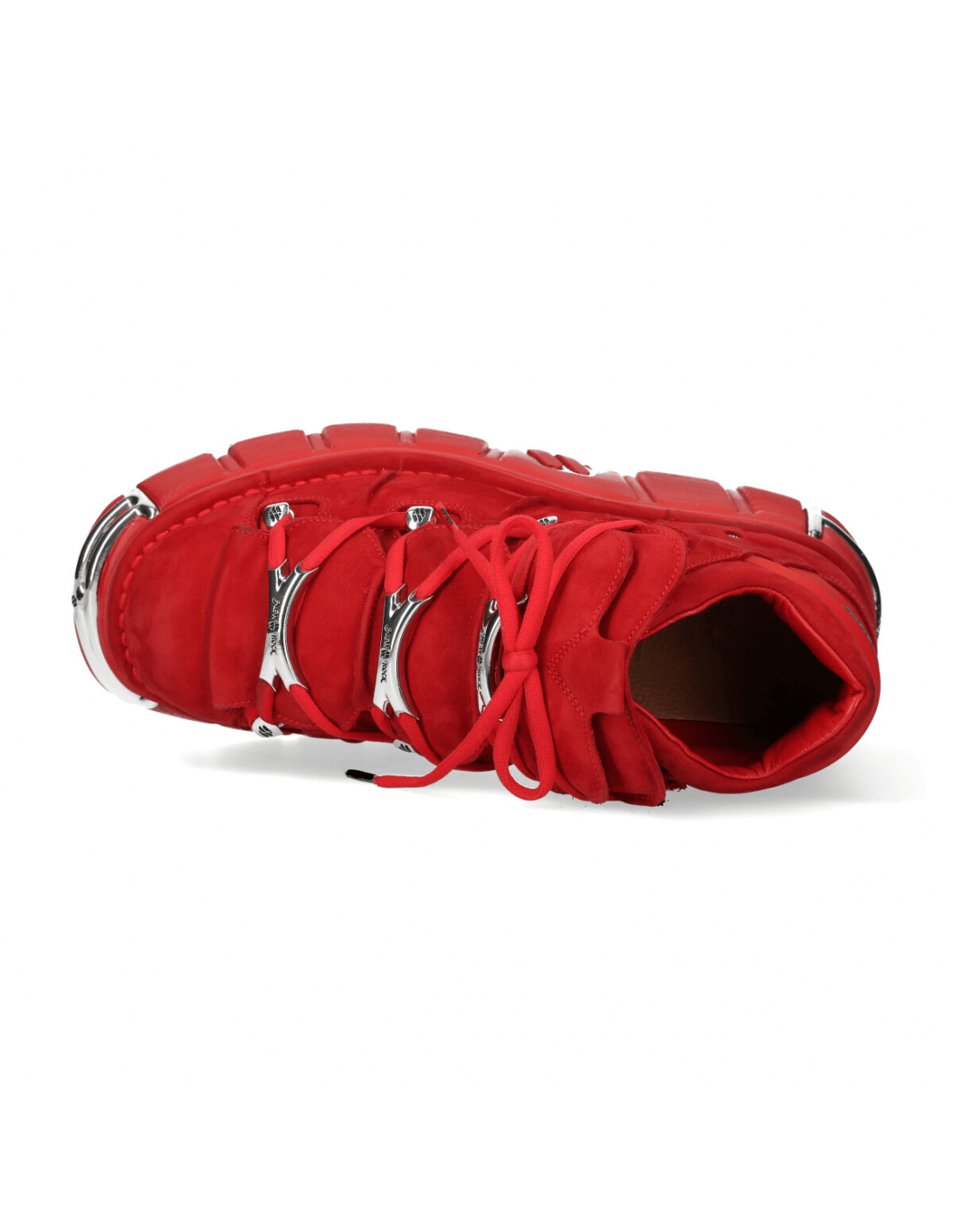 Top view of NEW ROCK Men's red nubuck ankle boots with metal accents and laces.