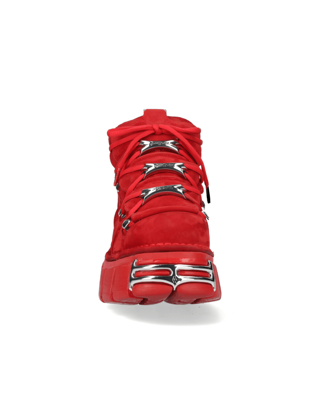 NEW ROCK Men's red nubuck ankle boots with metal accents and bold lace-up design.