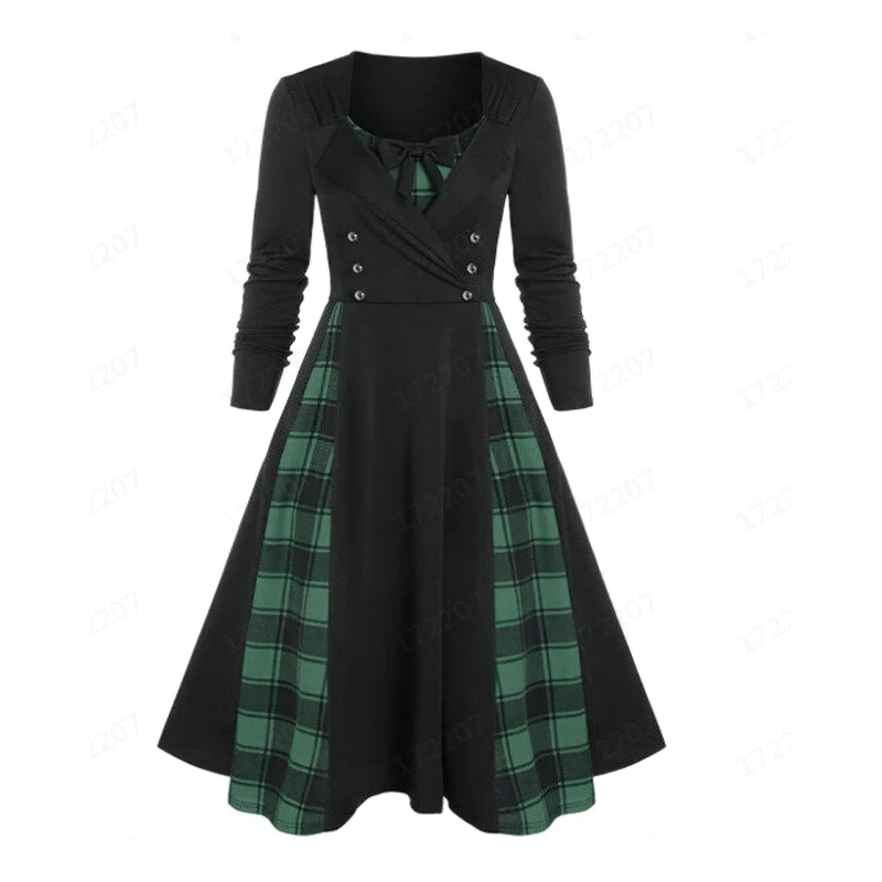 Women's gothic red plaid dress with long sleeves and retro cut, featuring stylish checkered print inserts.
