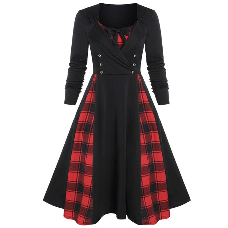 Red plaid gothic dress for women with long sleeves and retro cut, perfect for stylish looks.