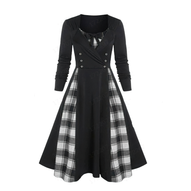 Red plaid Gothic dress for women with long sleeves and retro cut, perfect for a stylish look.