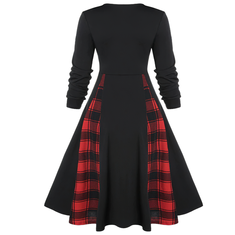 Back view of a women's gothic style red plaid dress with long sleeves and a retro cut.