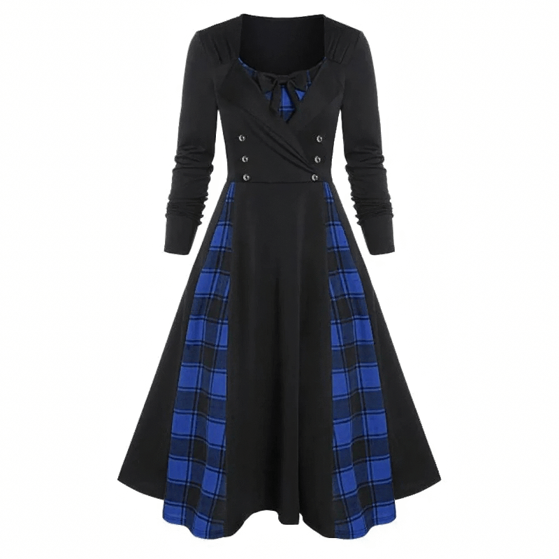 Elegant women's gothic dress featuring blue plaid accents and long sleeves, perfect for a vintage-inspired look.