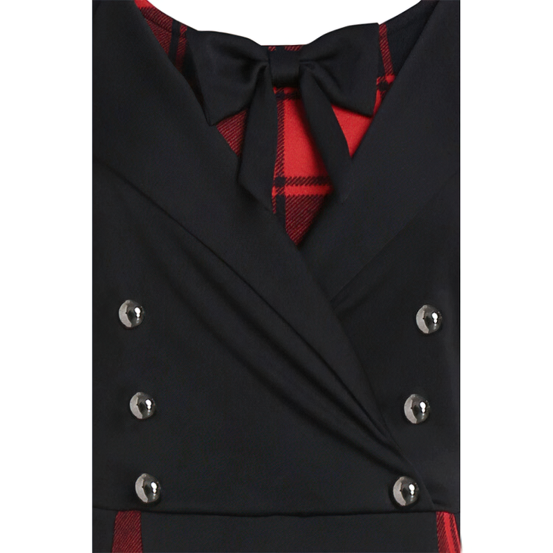 Close-up of a red plaid dress for women featuring a gothic style, long sleeves, and decorative bow detail.