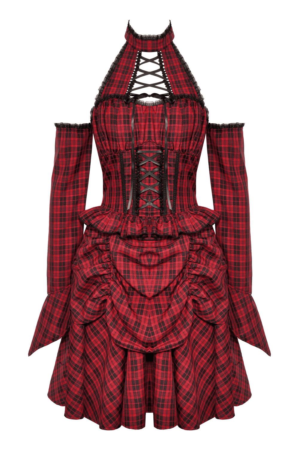 Red plaid gothic corset dress with lace-up front, off-shoulder sleeves, and layered ruffle details. Perfect for stylish gothic vibes.