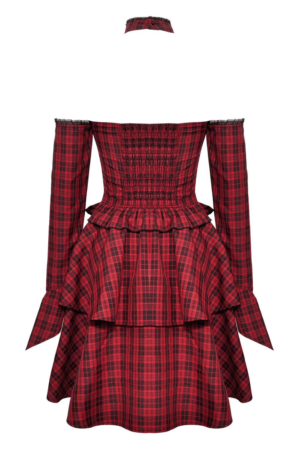 Back view of a red plaid gothic corset dress with ruffle details and off-shoulder sleeves, perfect for stylish gothic events.