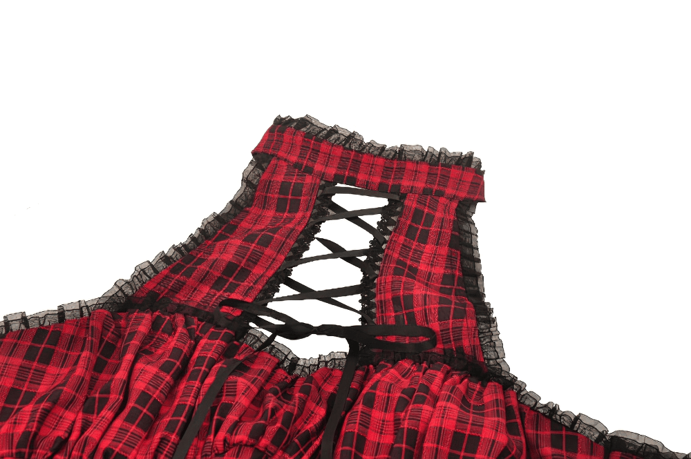 Close-up of red plaid gothic corset dress with lace-up back and ruffle details, showcasing a stylish off-shoulder design.