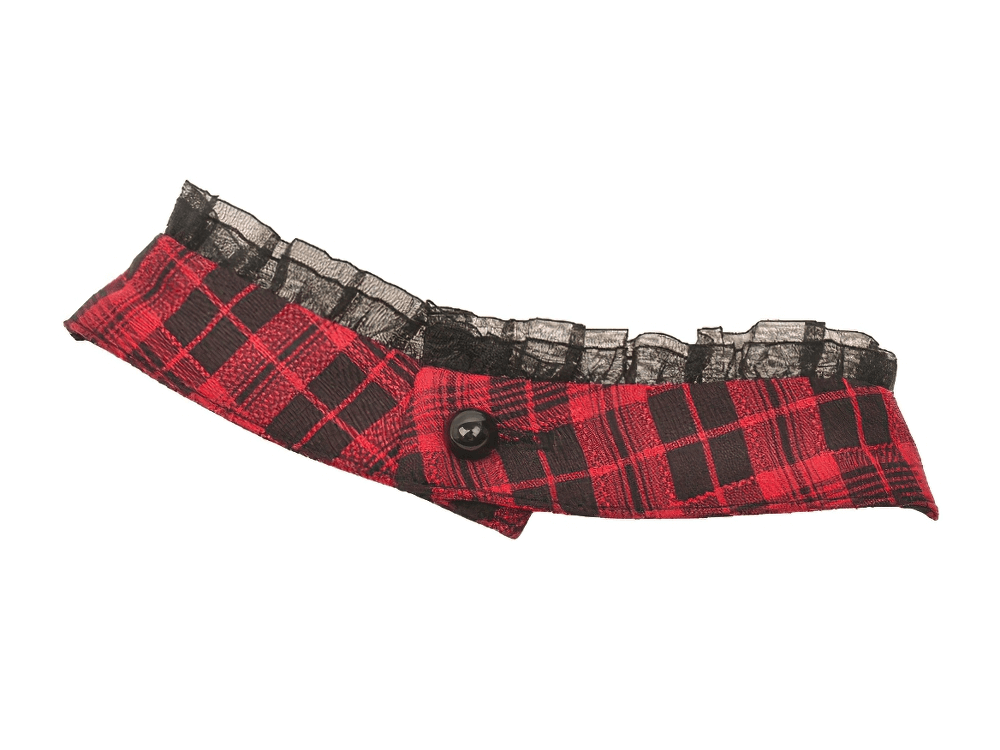 Red plaid ruffle collar with black lace trim, perfect for adding a gothic touch to your outfit.