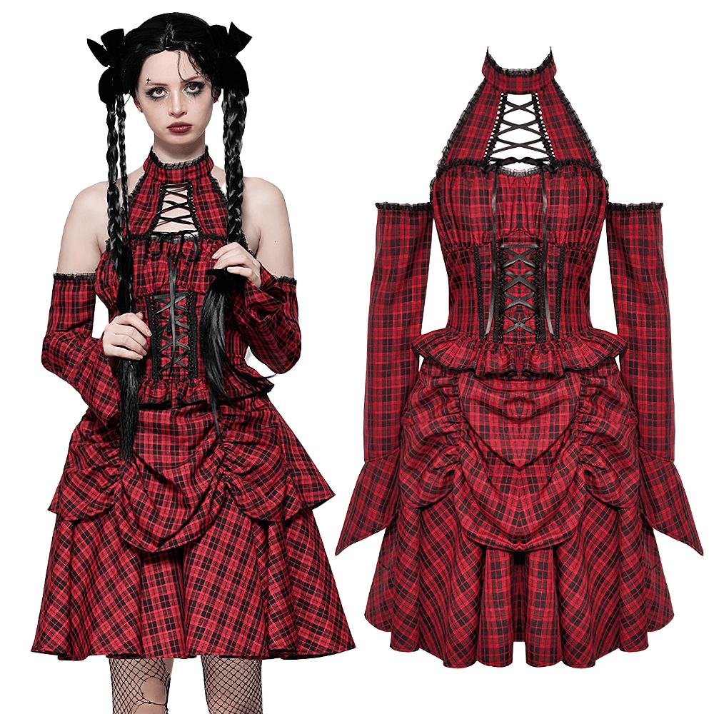 Red plaid gothic corset dress with ruffles and off-shoulder sleeves, perfect for cosplay or gothic events.