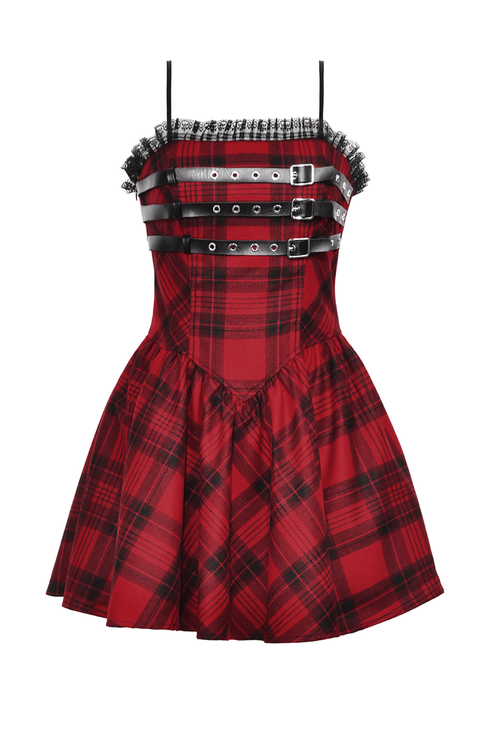 Punk-inspired red plaid mini dress with buckle details and lace trim, perfect for alternative fashion lovers.