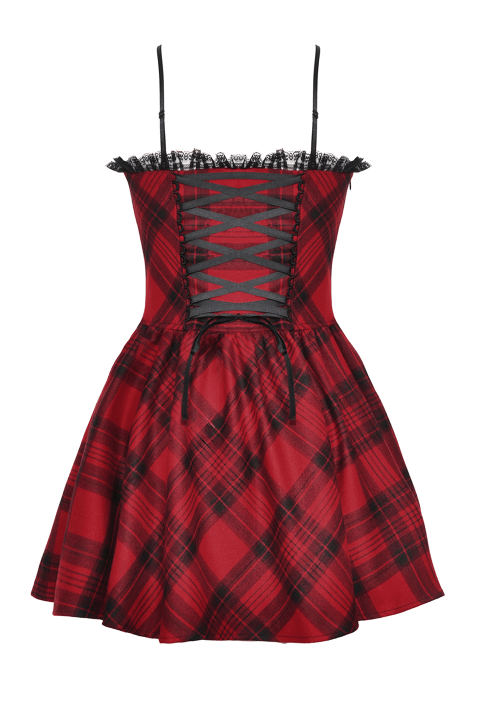 Red plaid mini dress with lace-up back, buckle details, and lace trim, perfect for punk-inspired Gothic fashion.