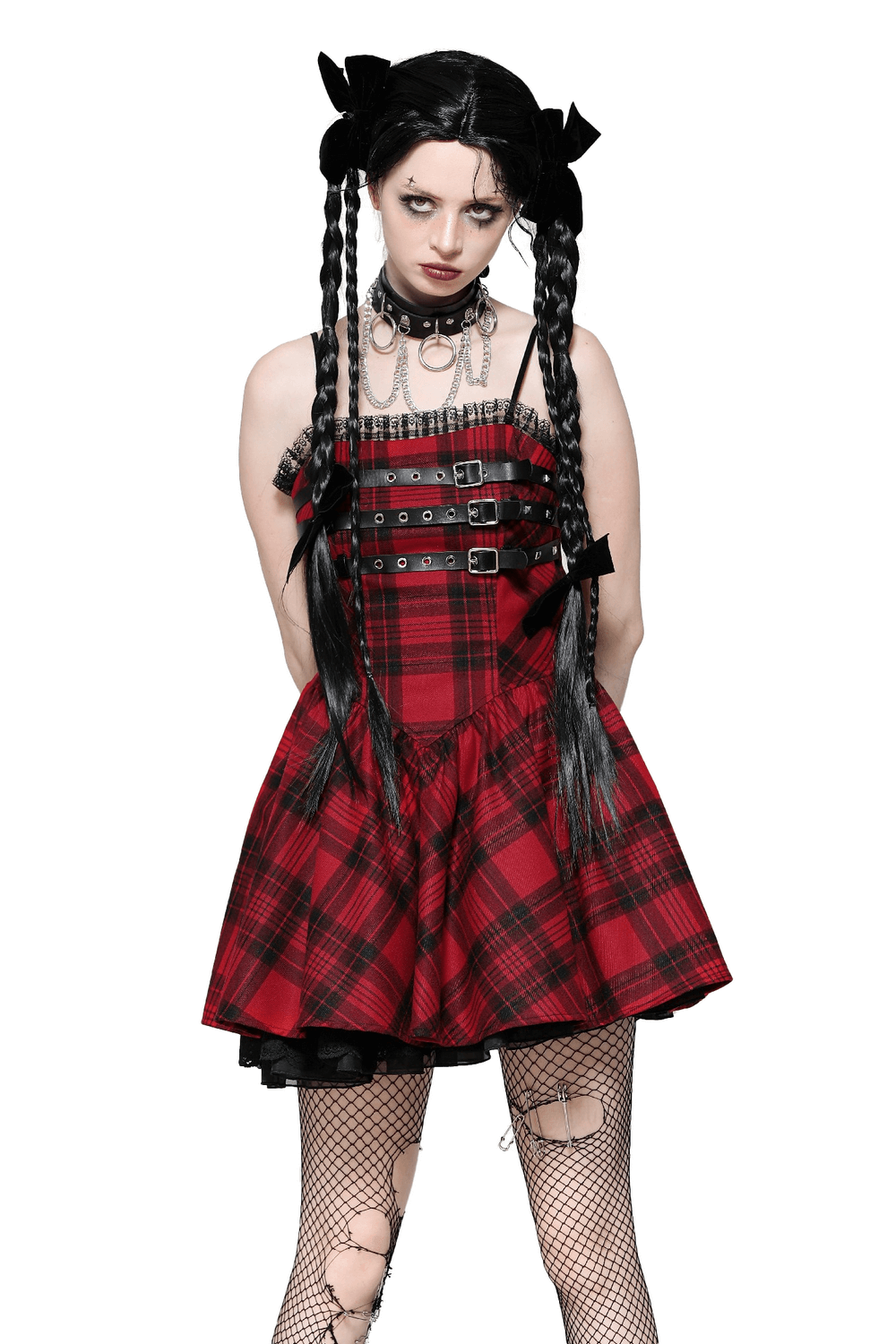 Red plaid gothic mini dress with buckle details, featuring a lace-up back and punk-inspired accessories. Perfect for alternative fashion.