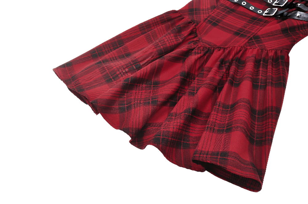 Red plaid gothic mini dress with buckle details and lace trim, perfect for punk-inspired fashion.