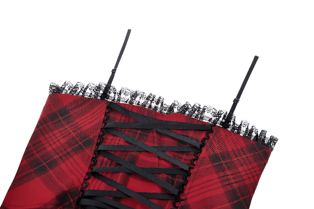 Close-up of the red plaid Gothic mini dress showing lace trim and lace-up back details. Perfect for edgy fashion lovers!