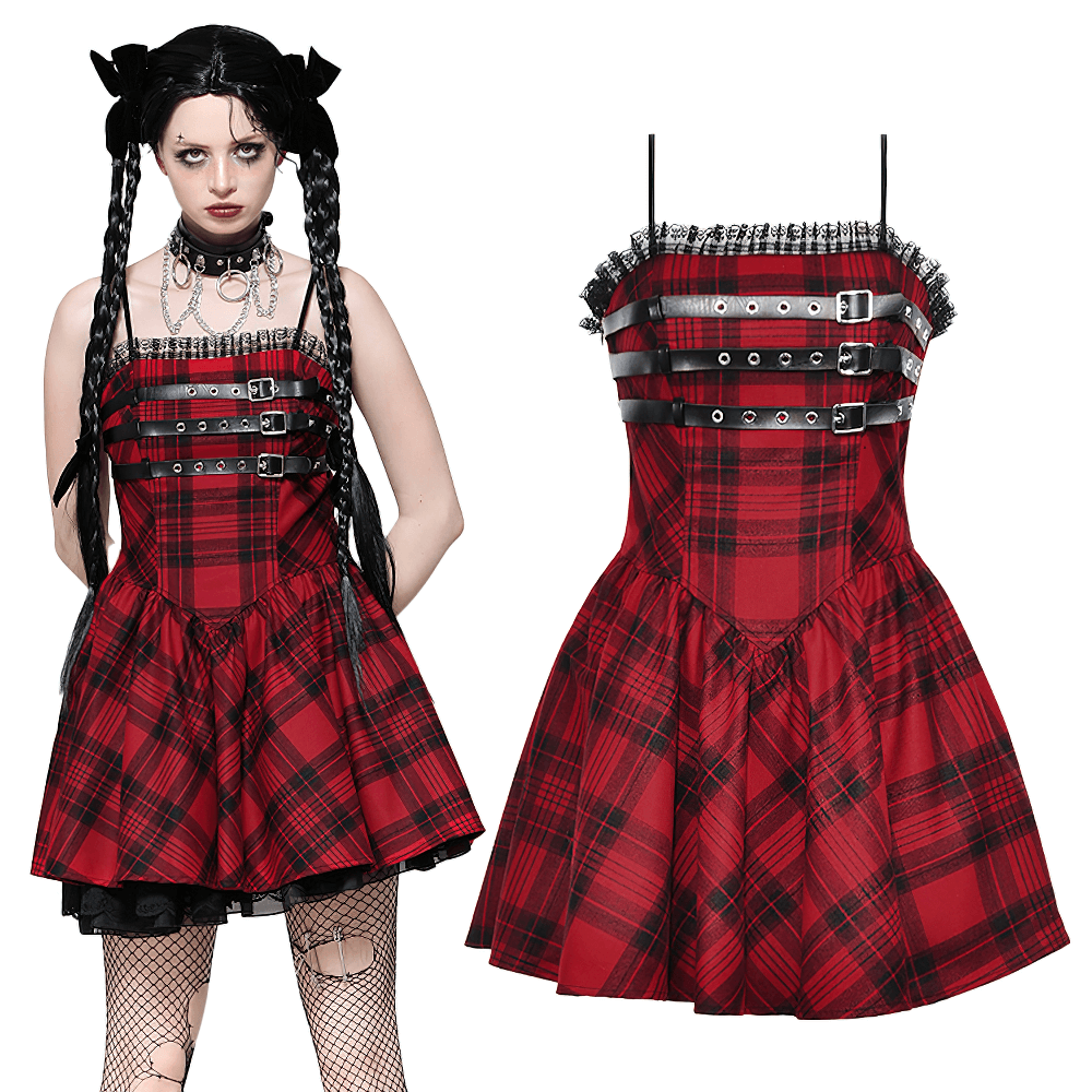 Red plaid gothic mini dress with buckle details and lace trim, perfect for punk-inspired fashion.