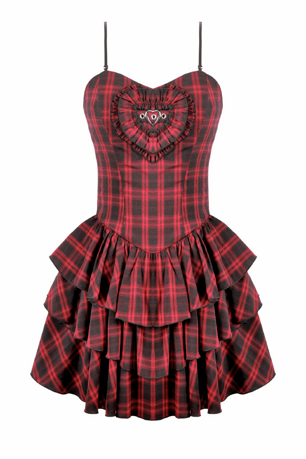 Red Plaid Punk Mini Dress with Tiered Ruffles featuring heart bodice trim and tiered skirt design.