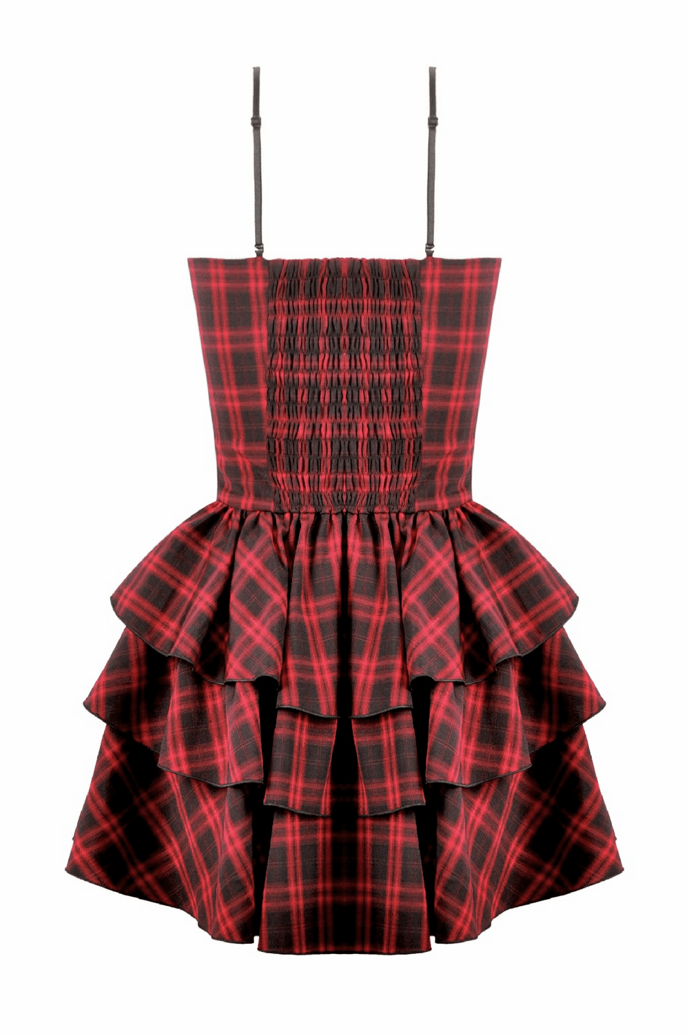 Red Plaid Punk Mini Dress with Tiered Ruffles featuring smocked back and heart ruffle detail.