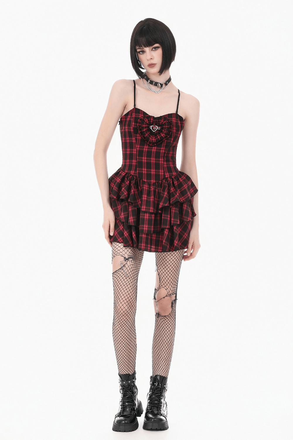 Red Plaid Punk Mini Dress with Tiered Ruffles worn by model with fishnet tights and chunky boots.