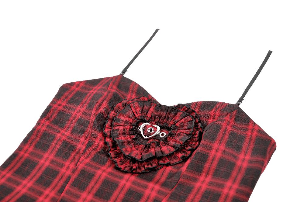 Red Plaid Punk Mini Dress with Tiered Ruffles featuring a heart-shaped ruffle applique and slim cami straps.