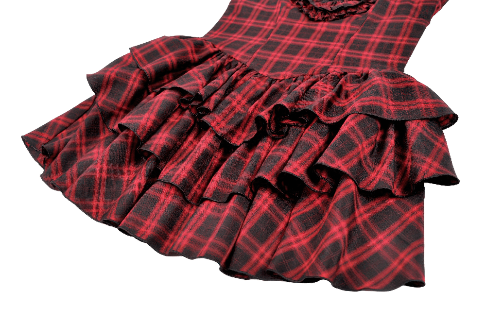 Red Plaid Punk Mini Dress with Tiered Ruffles featuring a dramatic ruffled hem and bold tartan pattern.