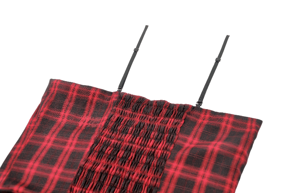 Close-up of the smocked back and slim straps of the Red Plaid Punk Mini Dress with Tiered Ruffles.