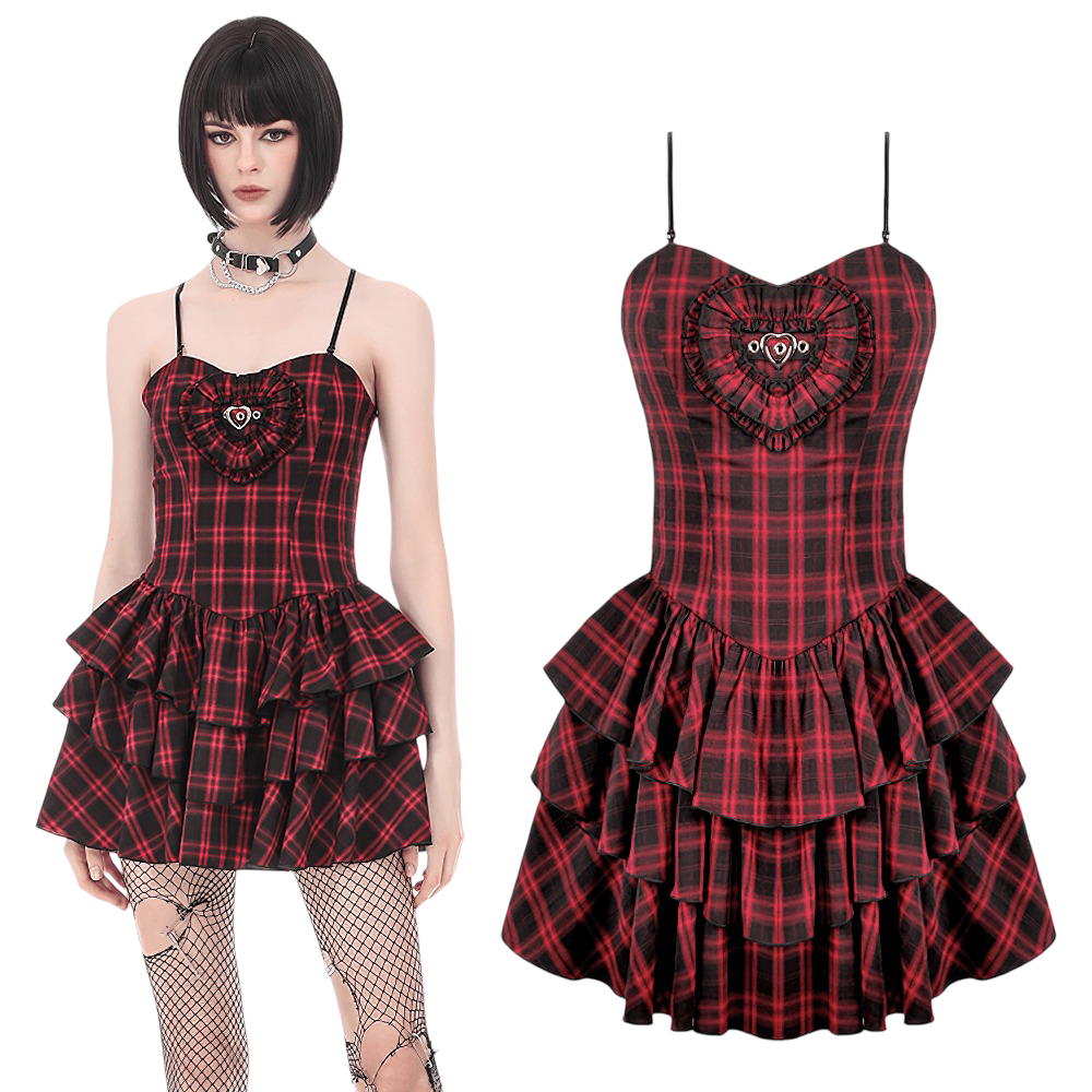 Red Plaid Punk Mini Dress with Tiered Ruffles featuring a structured sweetheart bodice and heart-shaped ruffle applique.